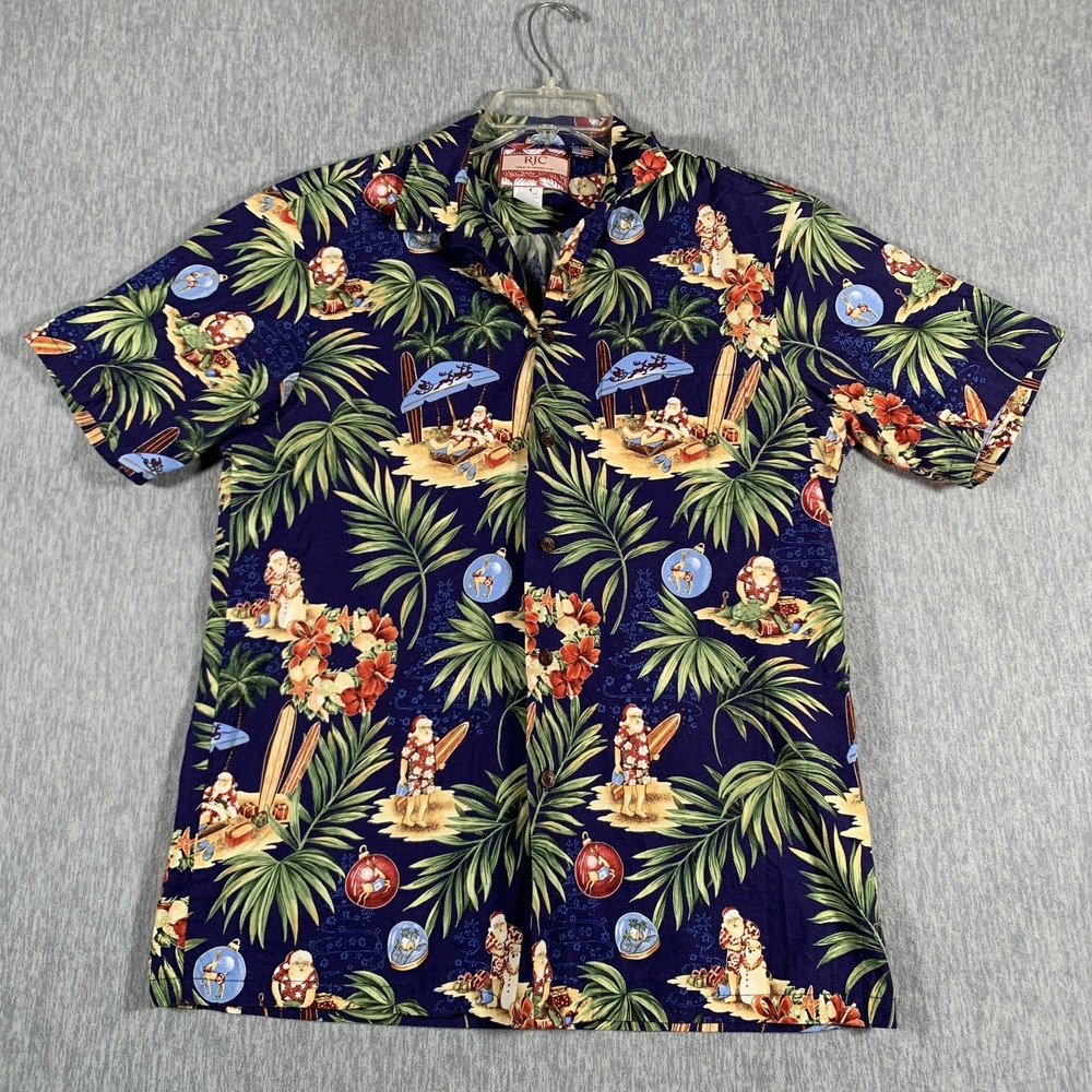 RJC Hawaiian Shirt Mens Medium Santa‎ Surfing Christmas Aloha Made Hawaii USA